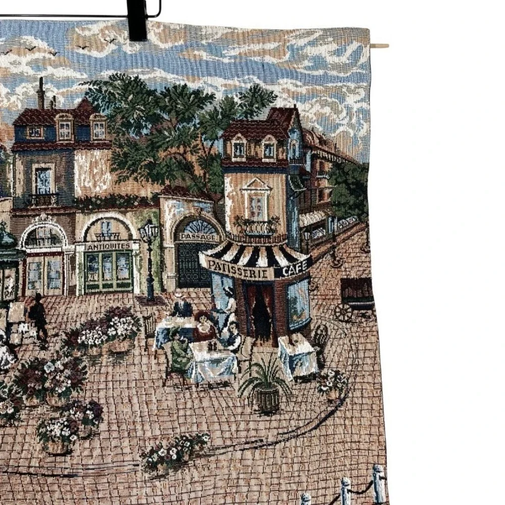Vintage Woven Parisian Street Scene Tapestry Wall Hanging Cafe Patisserie 34x27